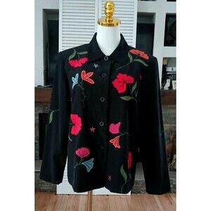 Coldwater Creek Women's Silk Blazer Jacket Black Floral Embroidered Top Modest